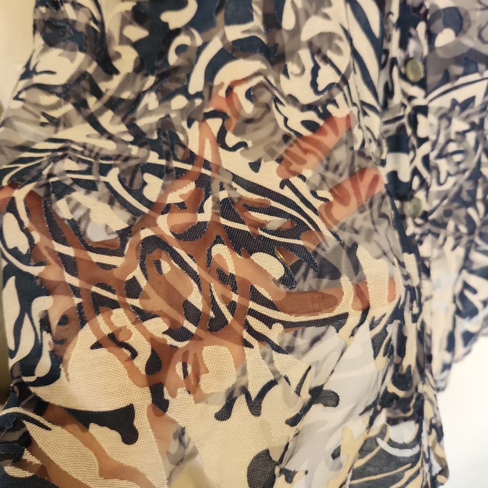 Women's Plus Size 3X Blue White‎ Burnout Floral Sheer Blouse Button Linen Blend - Picture 2 of 14